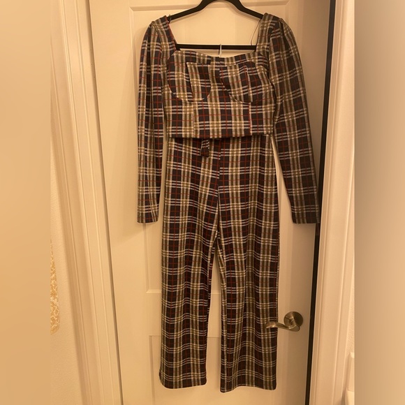 Free People Checkered Crop Top and Pants Set in Navy and Cream - Picture 5 of 16
